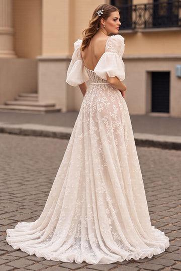 Corset Ivory Appliqued Wedding Dress with Slit